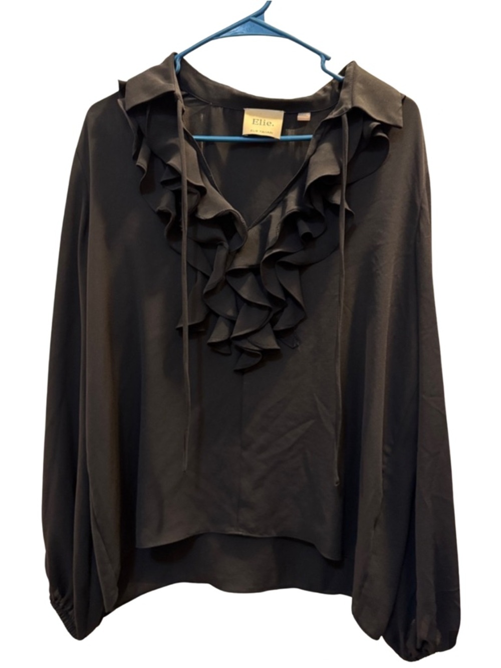 Elie. By Elie Tahari Black Ruffle V-Neck Tie Blouse Elegant Size Large